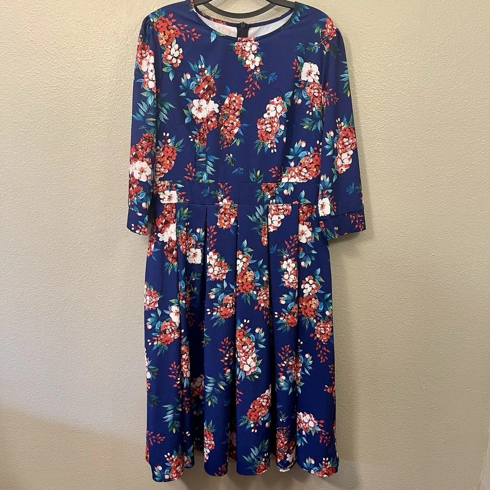 Vibrant Midi Dress Pleated Blue Red Zip 3/4 Sleeves Maximalist Garden Party Sz L